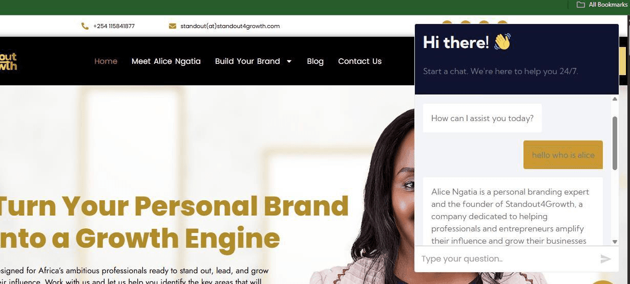 The live Standout4Growth website chatbot answering a question about the company founder.
