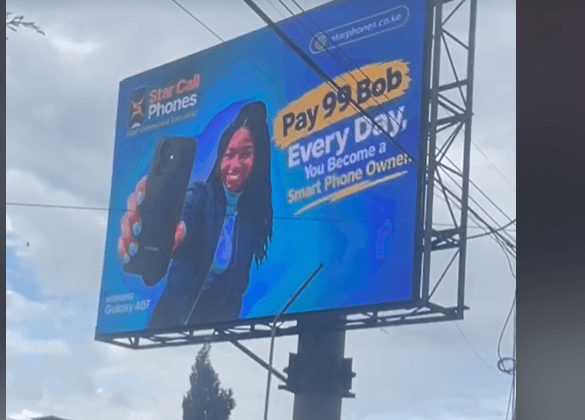 A StarCall Phones billboard advertising a Samsung Galaxy A07 for 99 Kenyan shillings per day.