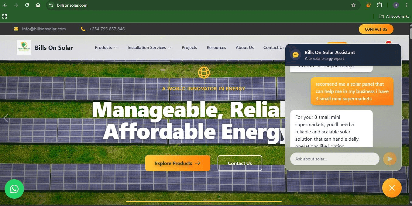 The Bills On Solar assistant answering a request to recommend a solar setup for three mini-supermarkets.