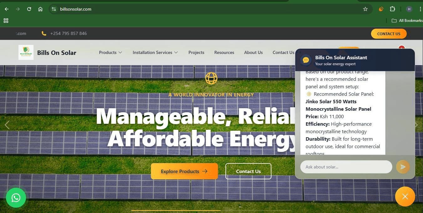 Bills On Solar storefront with the AI assistant panel open, recommending a 550W solar panel with price and specifications.
