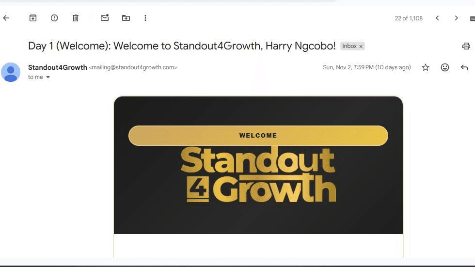An automated Day-1 welcome email delivered to a captured lead.